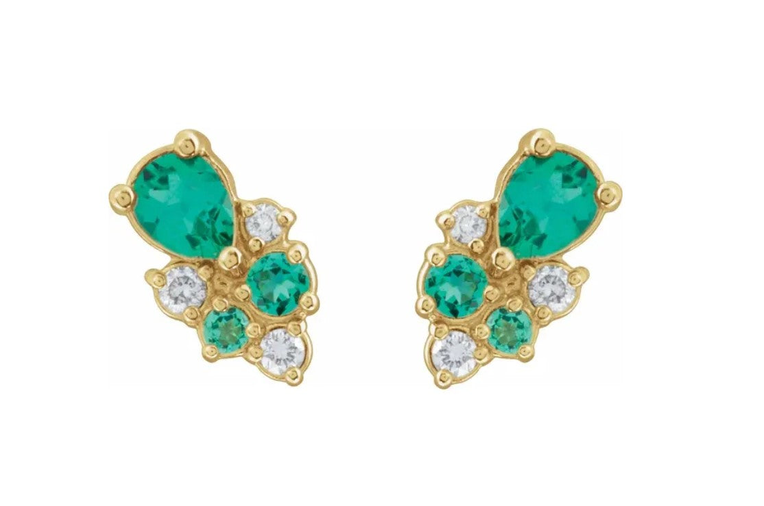 14K Yellow Lab-Grown Emerald &amp; 1/10 CTW Lab-Grown Diamond Cluster Earrings