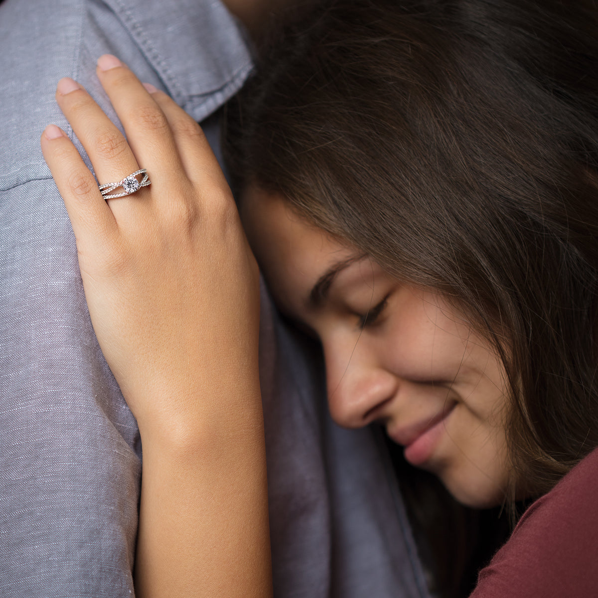 Multi band three row band engagement ring on hand